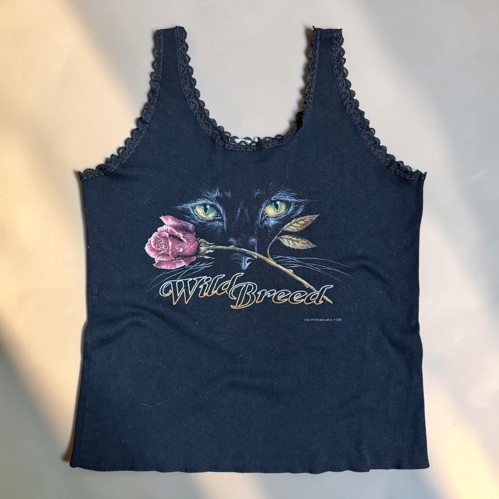 Wild Breed Tank Top Cat Rose Graphic Black Lace Trim Size L 90s Rare